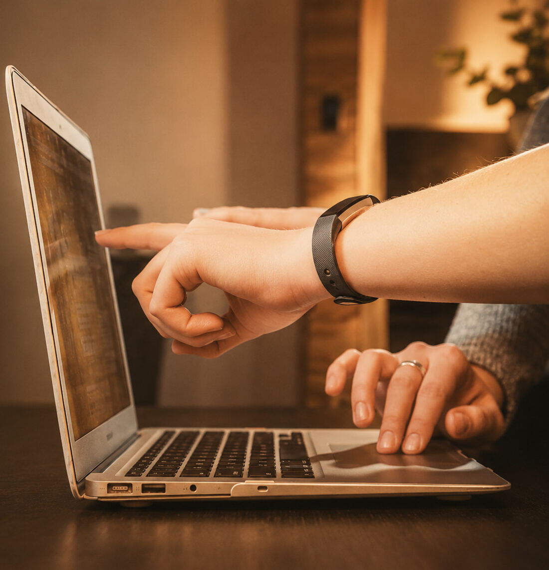 Hands working on a laptop, pointing something out on the screen.