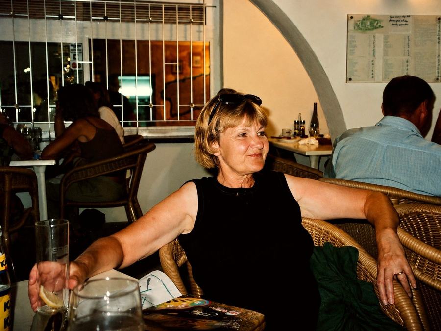 Sally Fell, owner of Sally Fell Catering, at a restaurant table.