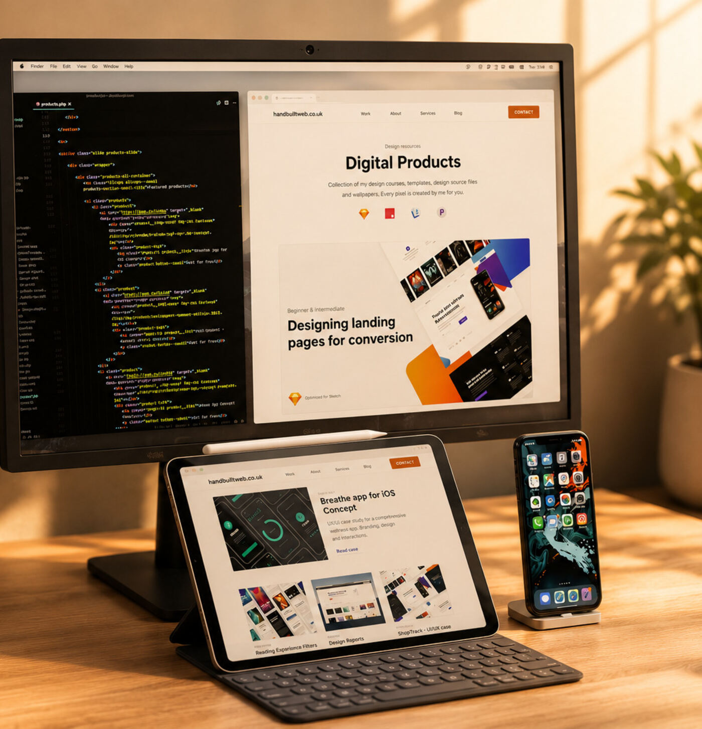 A designer's desk setup with code on one screen and a live website preview on another, plus a tablet and phone nearby.