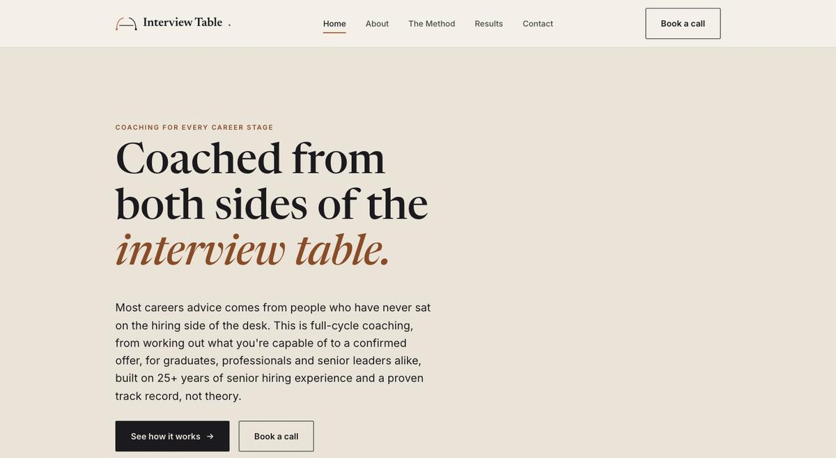 The Interview Table homepage, headline reading "Coached from both sides of the interview table."