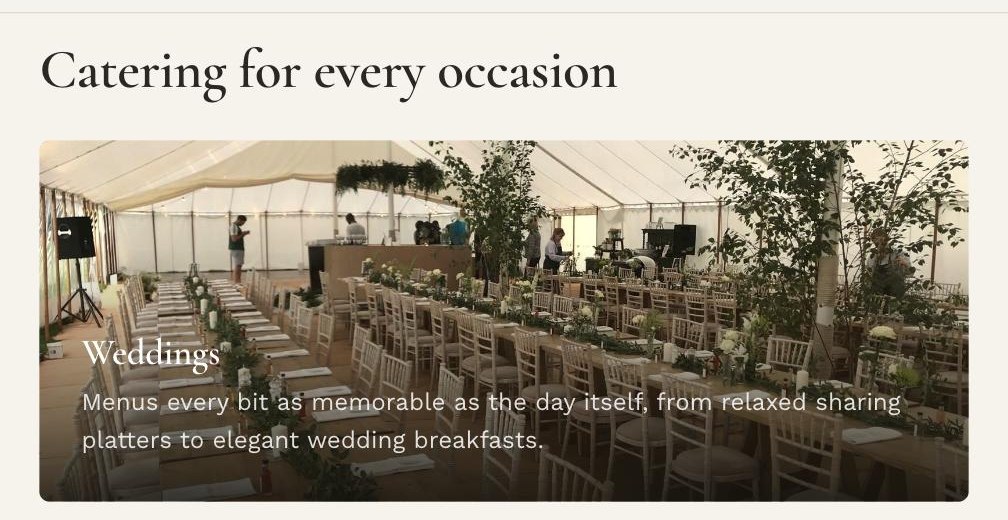 Screenshot of the 'Catering for every occasion' section on the live Sally Fell Catering website, showing the Weddings service card with a photo of a set marquee.
